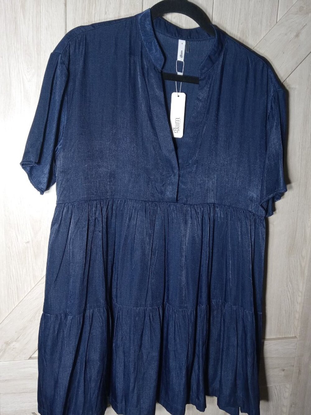 NWT-Glam LA Navy Blue Tiered V-Neck Babydoll Lagenlook Dress Women's Size Small